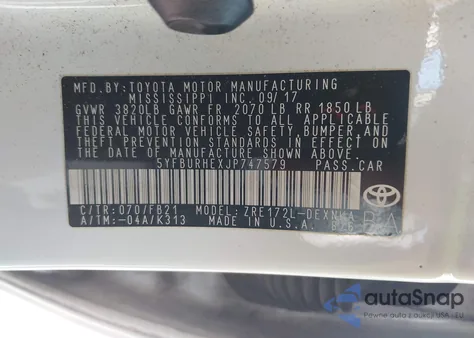 2018 Toyota Corolla Le from USA, damaged, VIN 5YFBURHEXJP747579